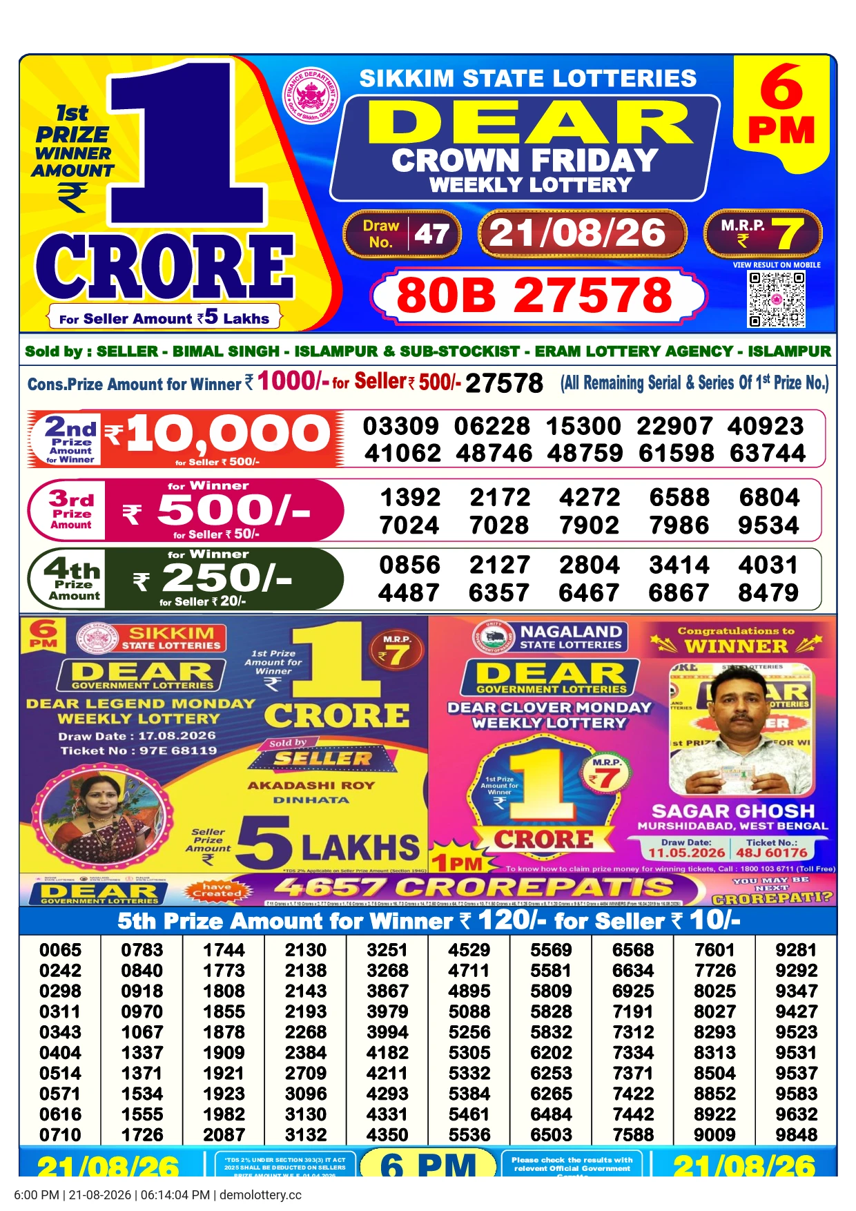 Dear Lottery 6:00 PM Result 21 August 2026 Friday - Latest Result