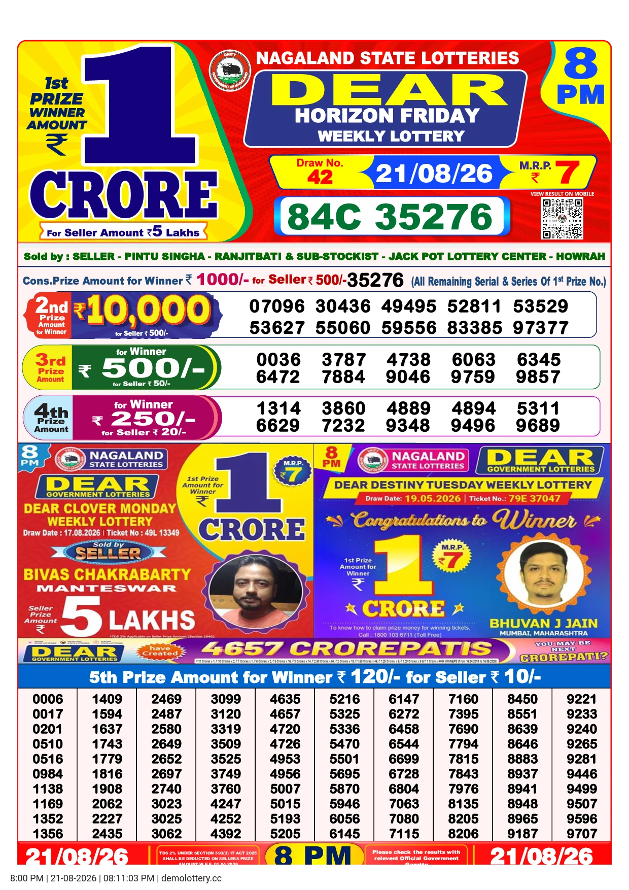 Dear Lottery 8:00 PM Result 21 August 2026 Friday - Latest Result